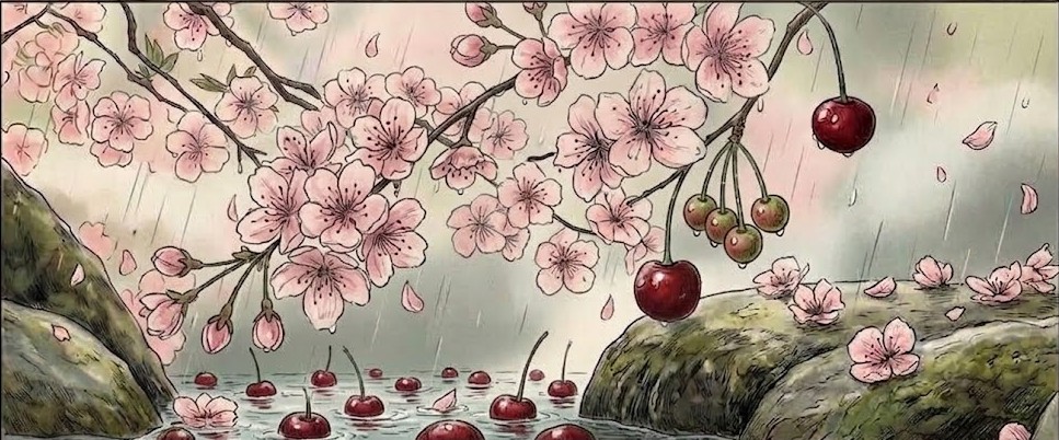 Cherry blossom and cherries in the rain